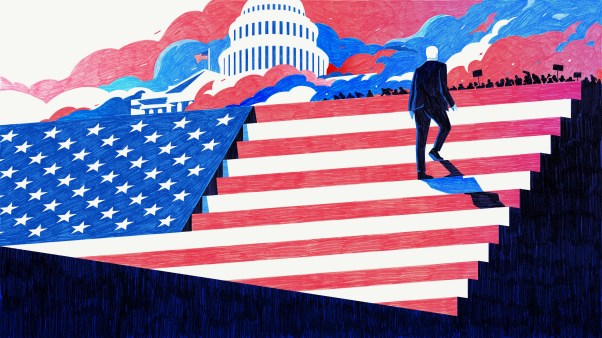 Mike Pence walking up the stairs that look like an American flag